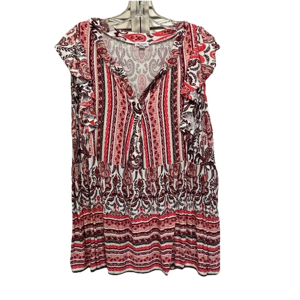 Westport Blouse Size XL Paisley/Floral Split Neck Short Ruffle Sleeve